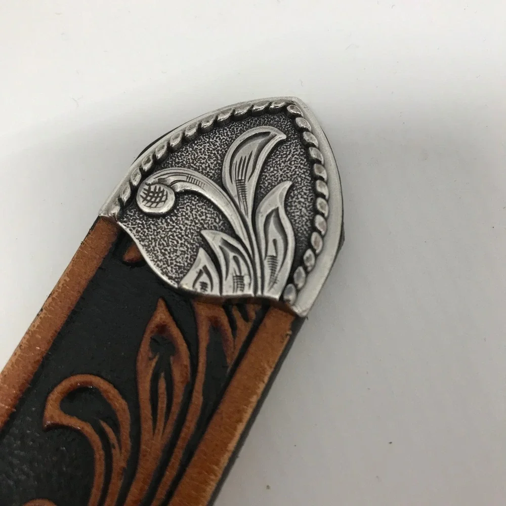 Kids‎ Western Tony Llama Tooled Leather Belt Brown Black Silver Buckle Floral